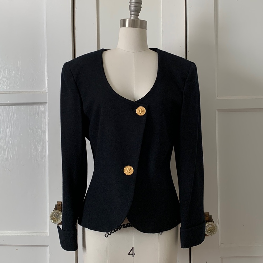 CHRISTIAN DIOR Asymmetrical Black Wool Blazer With Gold Buttons Sz 8